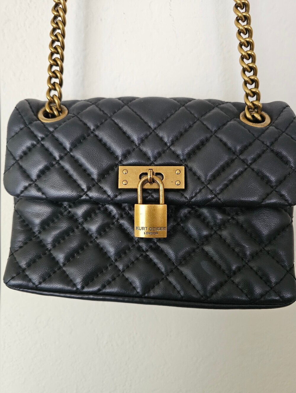 Kurt Geiger Black Quilted Leather Shoulder Bag with Gold Chain